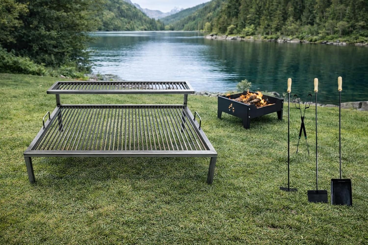 Iron Argentina Grill + Brazier + Fire tools- BBQ - Parrilla De Hierro Flotante, Emparrillado con manijas, Asado Argentino.