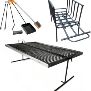 Luxury Argentine Grill + Brazier + Fire Tools - Iron Argentina Grill - BBQ Parrilla Asado. Floating Iron Grill with Adjustable Legs.